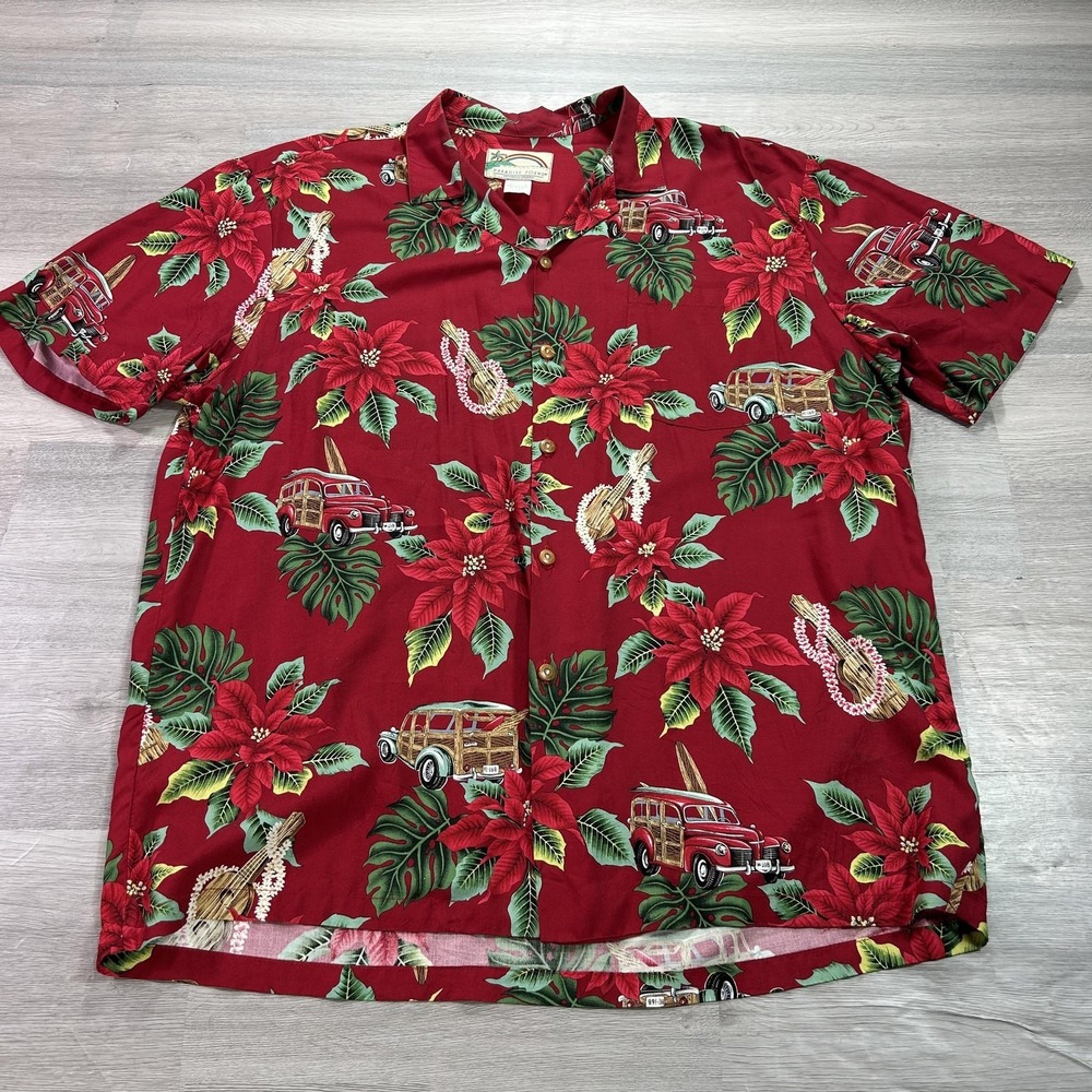Paradise Found Shirt Mens Large Red Hawaiian Christmas Short Sleeve Button‎ Up
